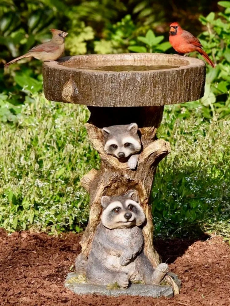 Resin Raccoon Statues Shallow Birdbath