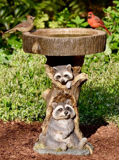 Resin Raccoon Statues Shallow Birdbath