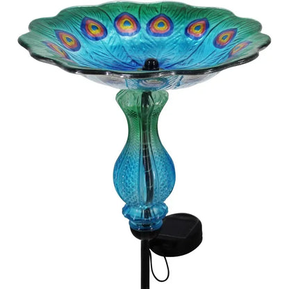 Peacock Glass Bowl Bird Bath w/Solar Light