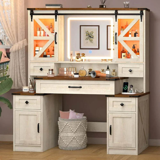 Farmhouse Vanity Table with Mirror and Lights - Shop Jobie