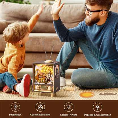 3D Wooden Puzzle DIY Kits - 174pc Music Box Sunset Carnival TV w/Lights