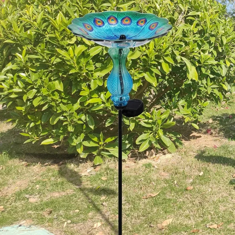 Peacock Glass Bowl Bird Bath w/Solar Light