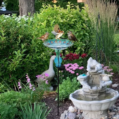 Peacock Glass Bowl Bird Bath w/Solar Light