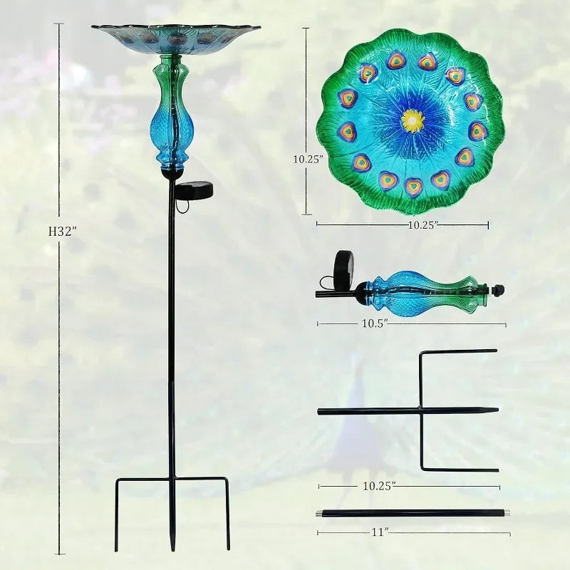 Peacock Glass Bowl Bird Bath w/Solar Light