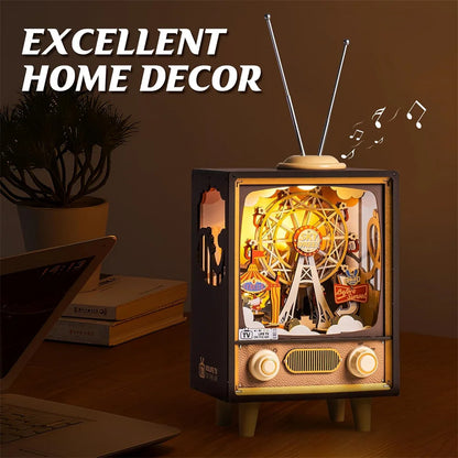 3D Wooden Puzzle DIY Kits - 174pc Music Box Sunset Carnival TV w/Lights