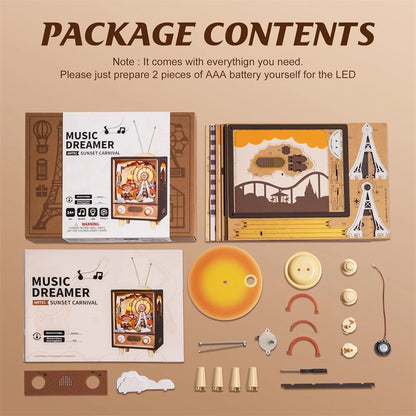 3D Wooden Puzzle DIY Kits - 174pc Music Box Sunset Carnival TV w/Lights