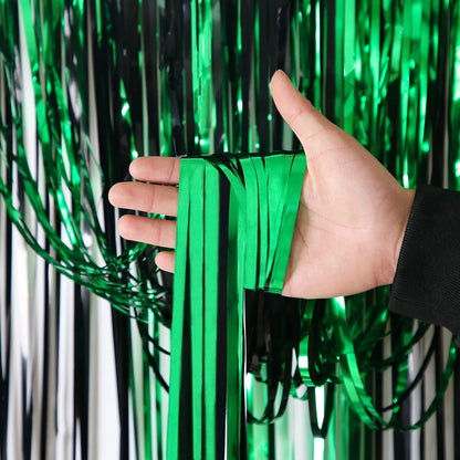 Versatile Black Green Metallic Fringe Backdrop Curtain