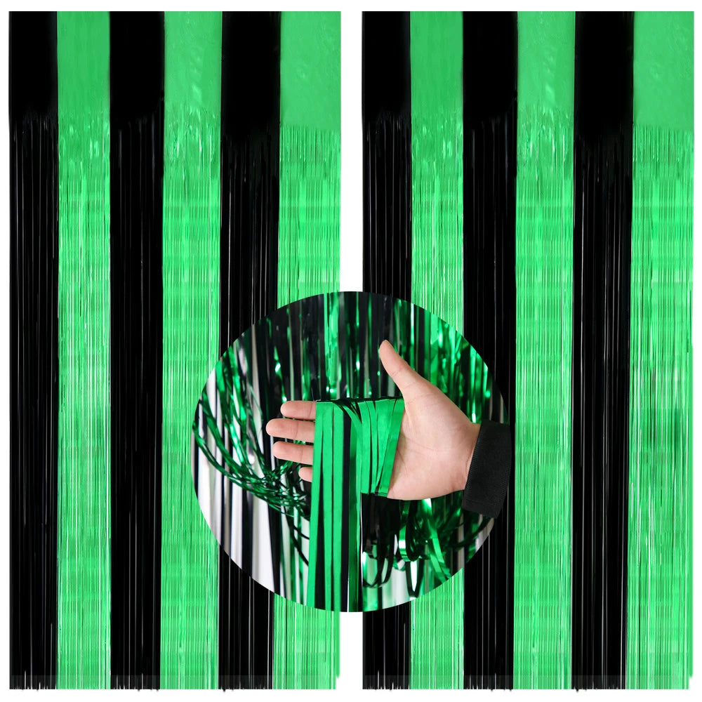 Versatile Black Green Metallic Fringe Backdrop Curtain