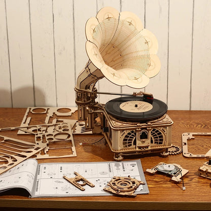 3D Wooden Puzzle DIY Kits -  424pc Hand Crank Gramophone