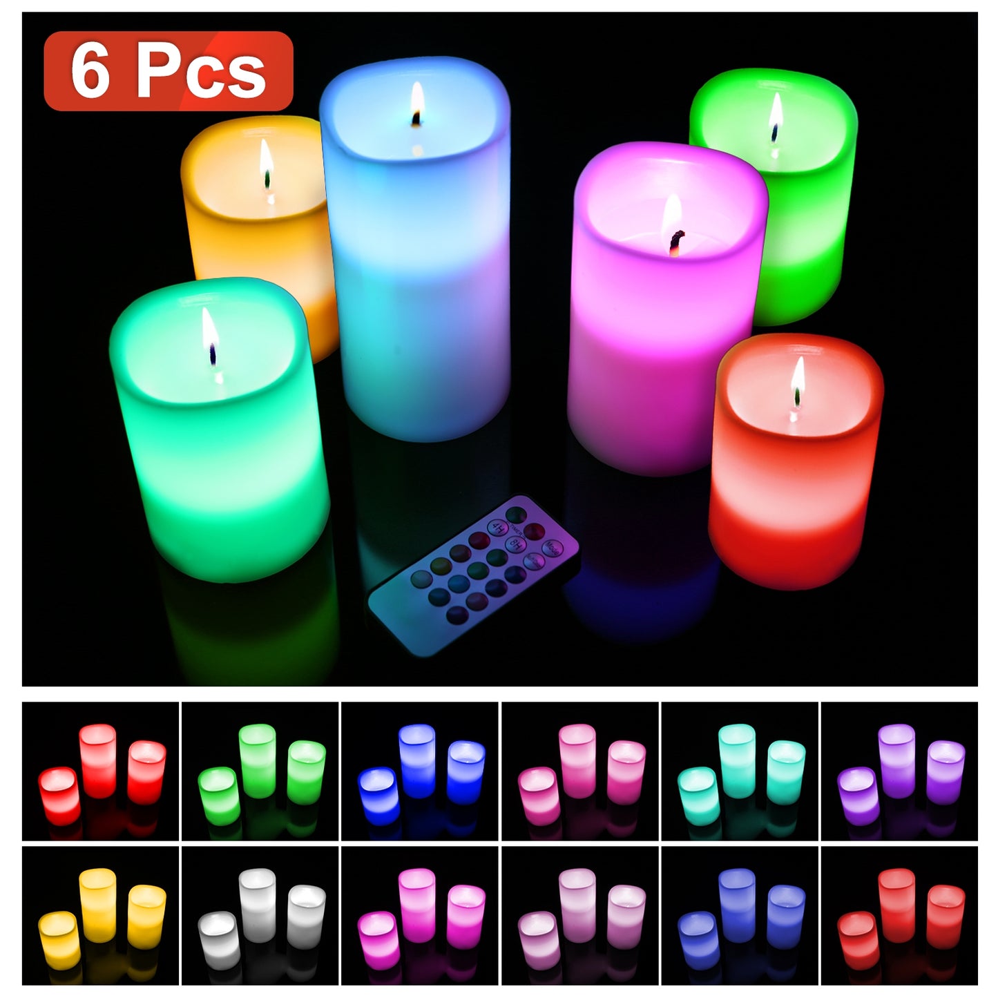 6pc LED Flameless Candle Set w/12 Color Options