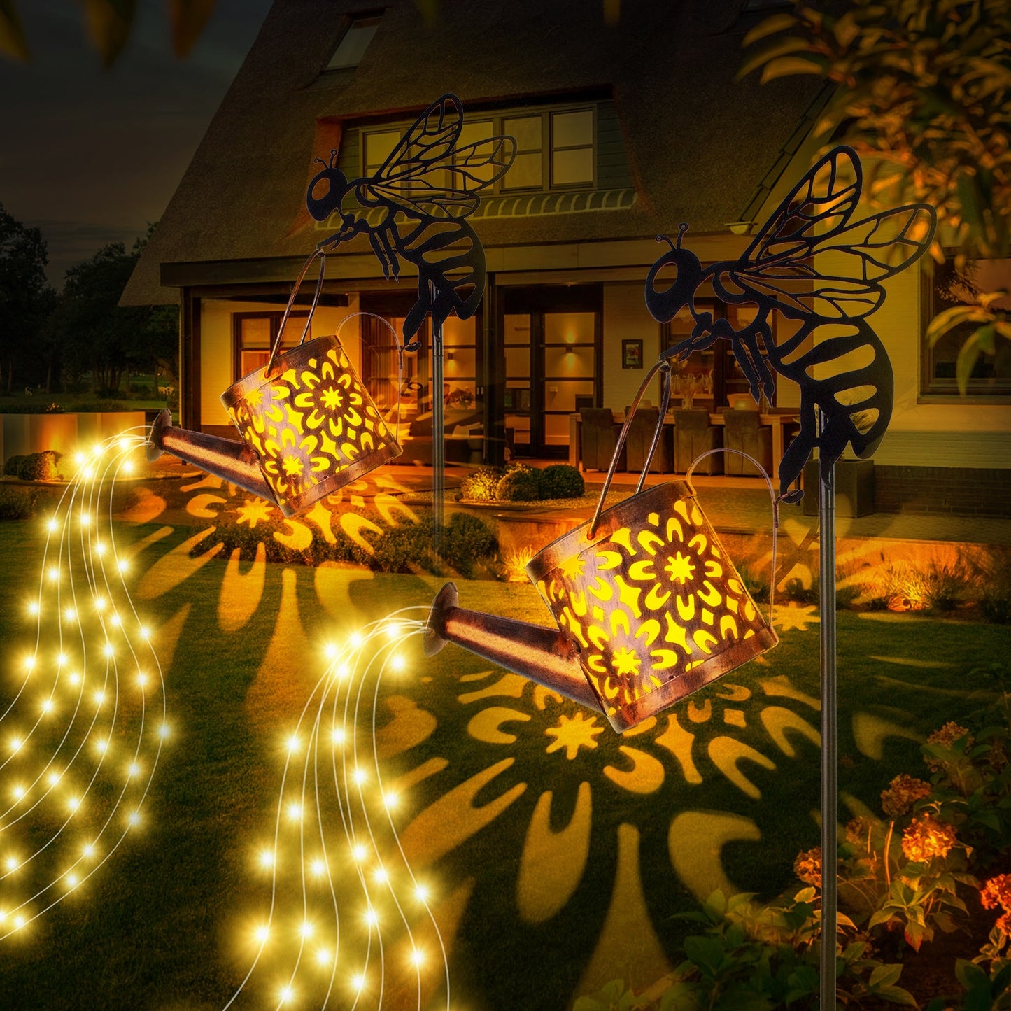 Playful Bee & Water Can Solar Lights Yard Decor