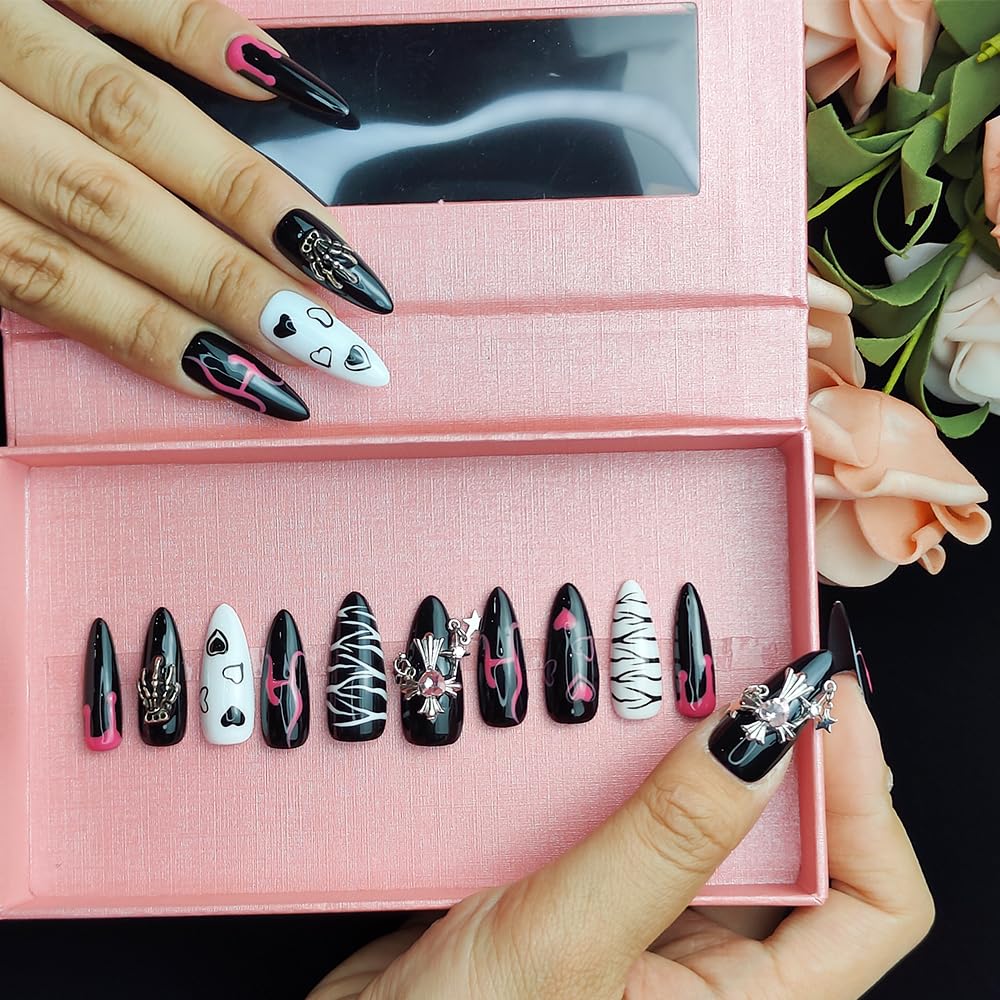 GGddsha Dark Series - Almond Acrylic Press On Nails With Rhinestones