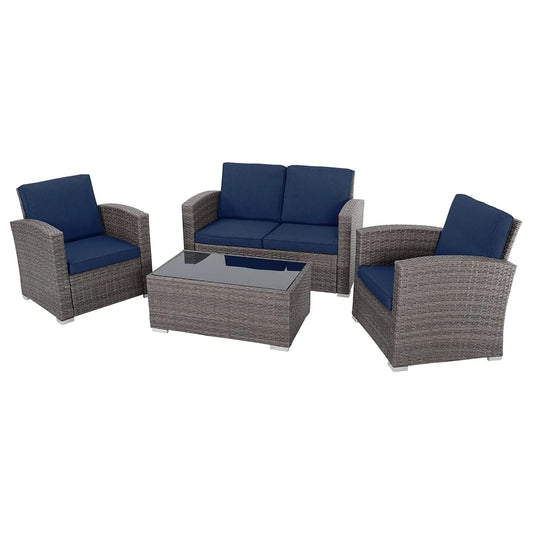4 Pieces PE Rattan Sectional Outdoor Conversation Sofa Set with Gray Wicker, Navy Blue Cushion