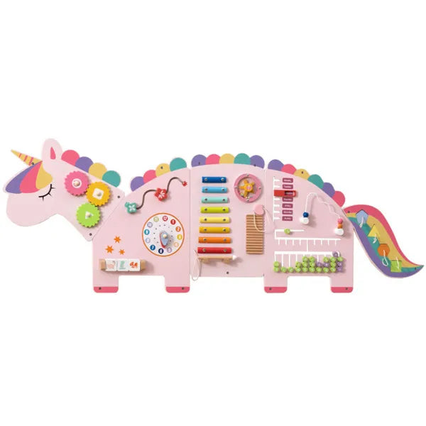 Montessori Activity Wall Busy Board Panel  -  11-in-1 Pink Rainbow Unicorn