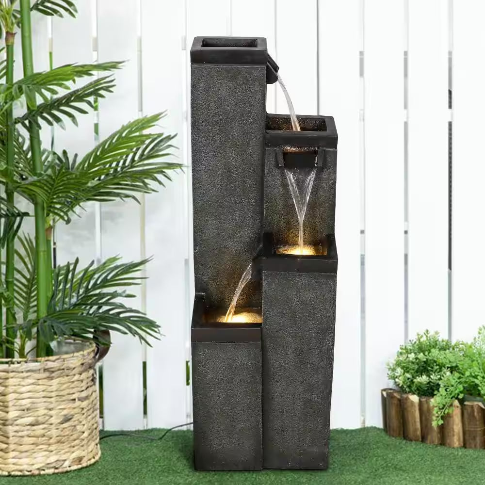 Resin Relaxing Waterfall Fountains - 39.3 In. Geometric Indoor-Outdoor Fountain 4-Tiered Garden Fountain with LED Lights