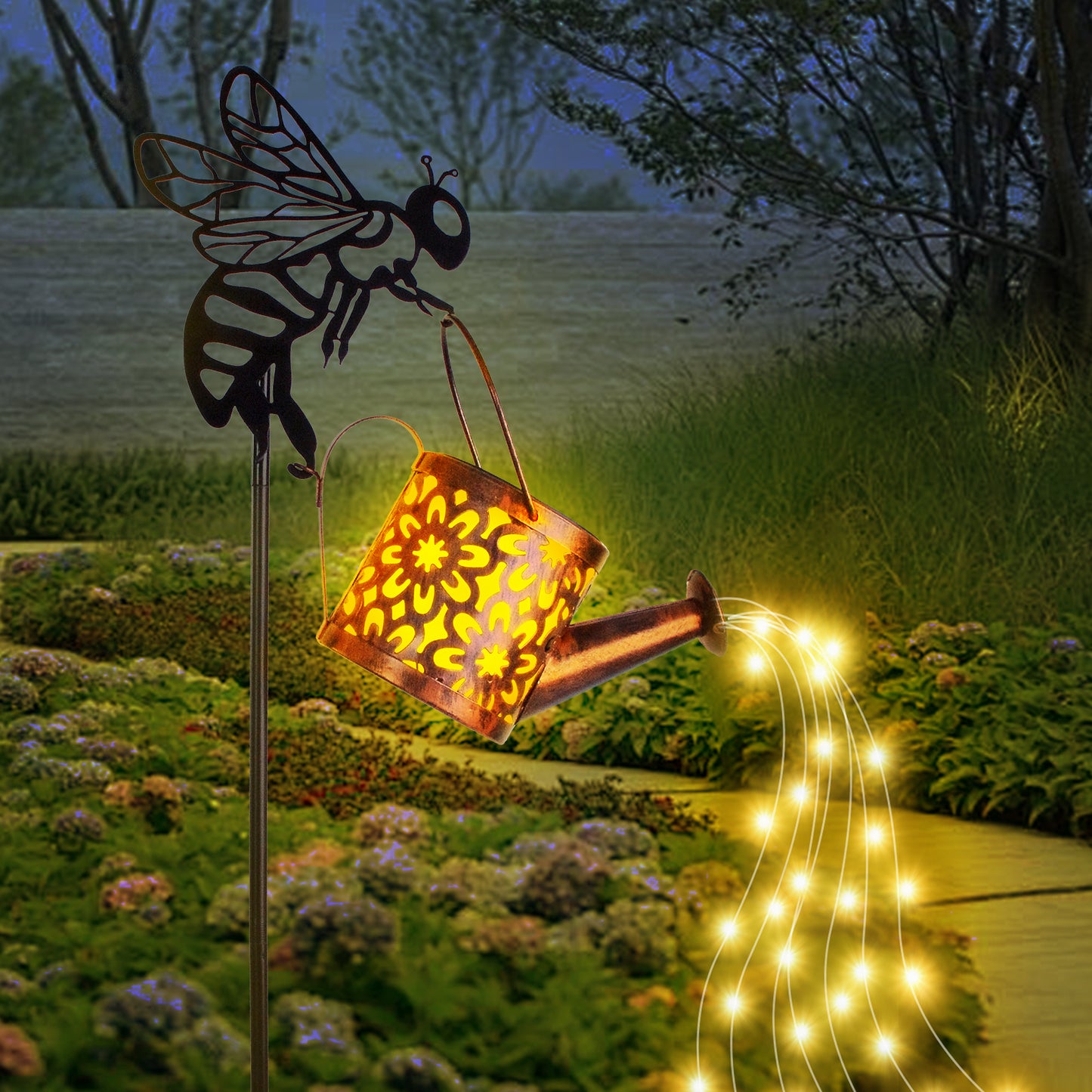 Playful Bee & Water Can Solar Lights Yard Decor