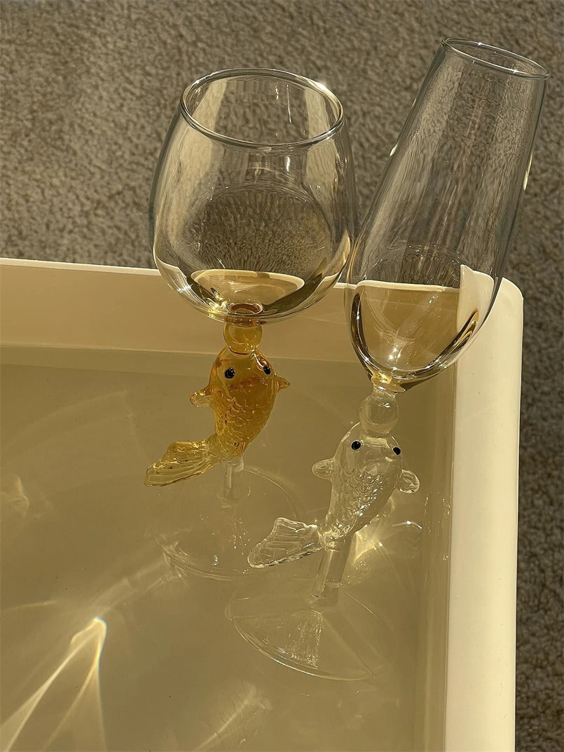 New Year Toast! Goldfish Champagne & White Wine Glasses