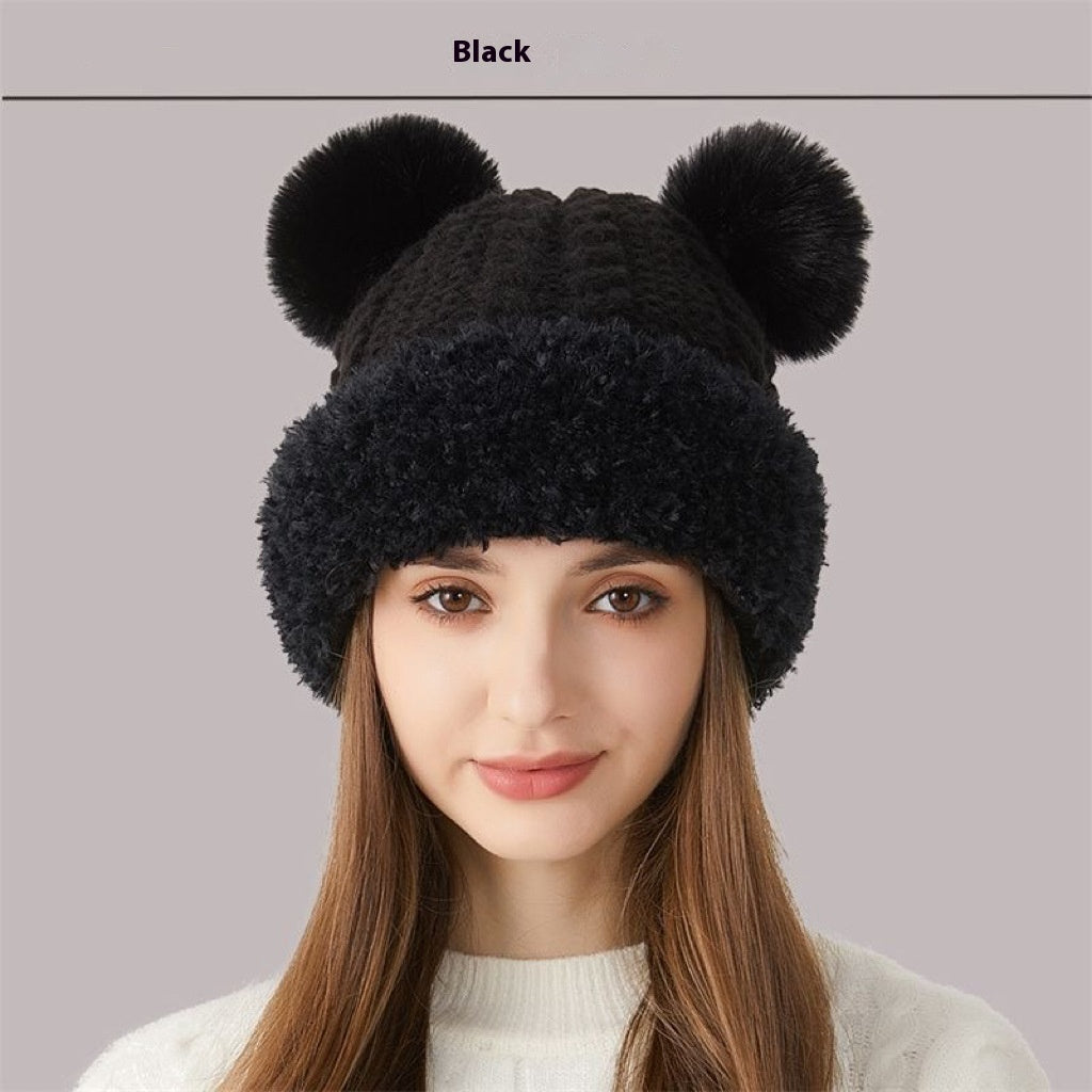 Teddy Bear Ears Fur-Ball Knitted Hat
