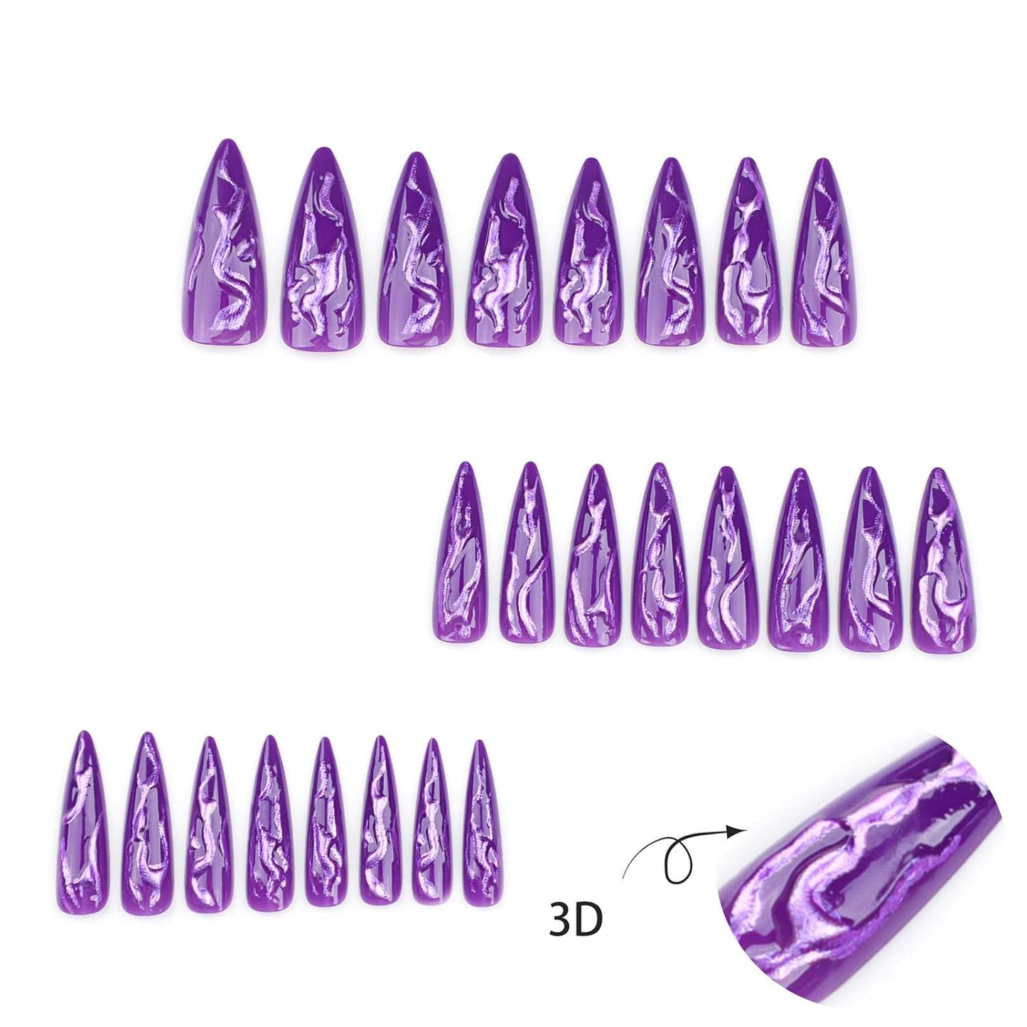 24pc Devil’s Claws Press-On Nails – Long Stiletto Purple Glitter
