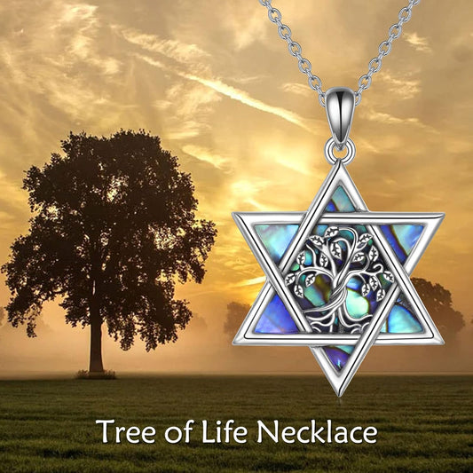 Star of David Necklace Sterling Sliver Abalone Shell Tree of Life Necklace Jewish Jewelry Gifts for Women Men