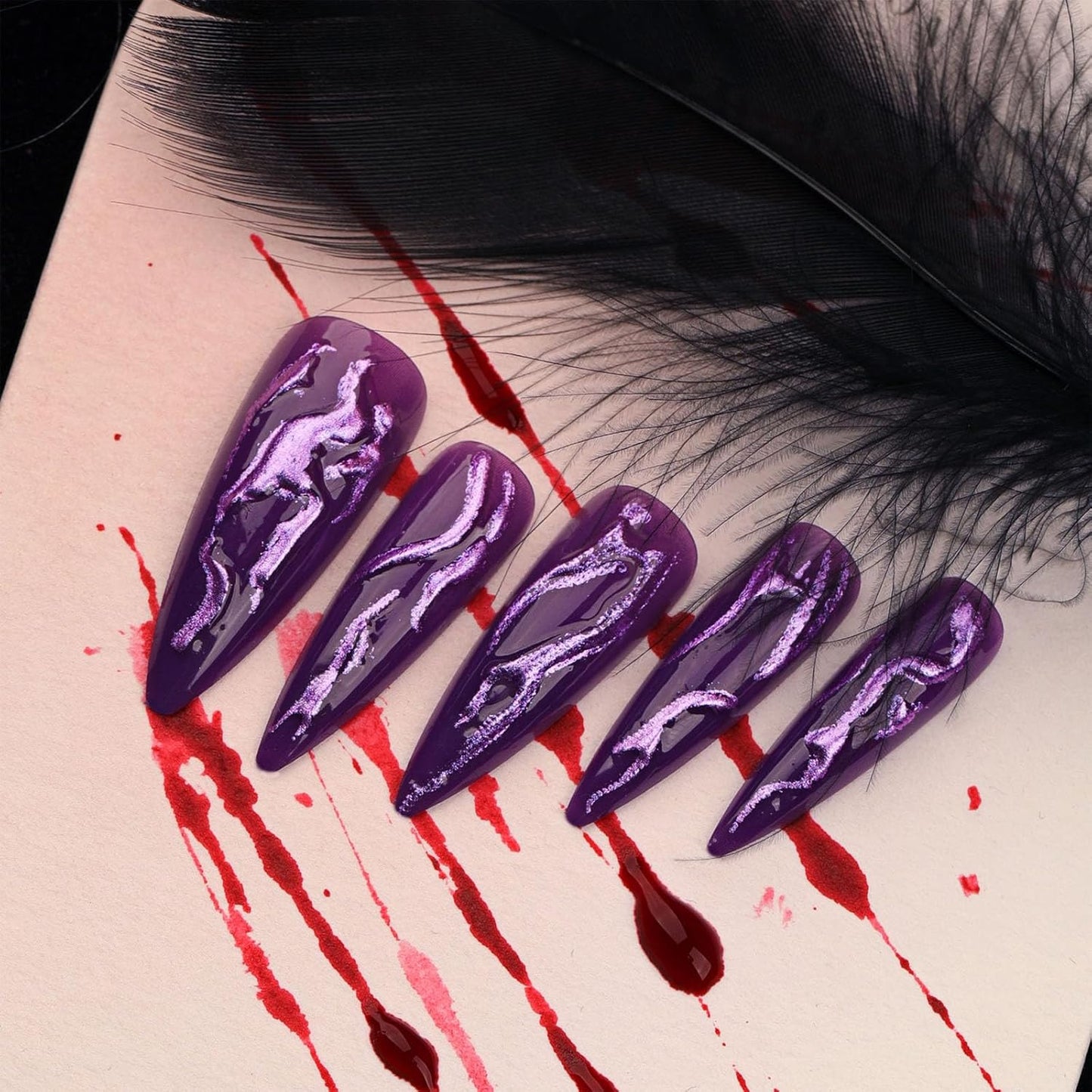 24pc Devil’s Claws Press-On Nails – Long Stiletto Purple Glitter