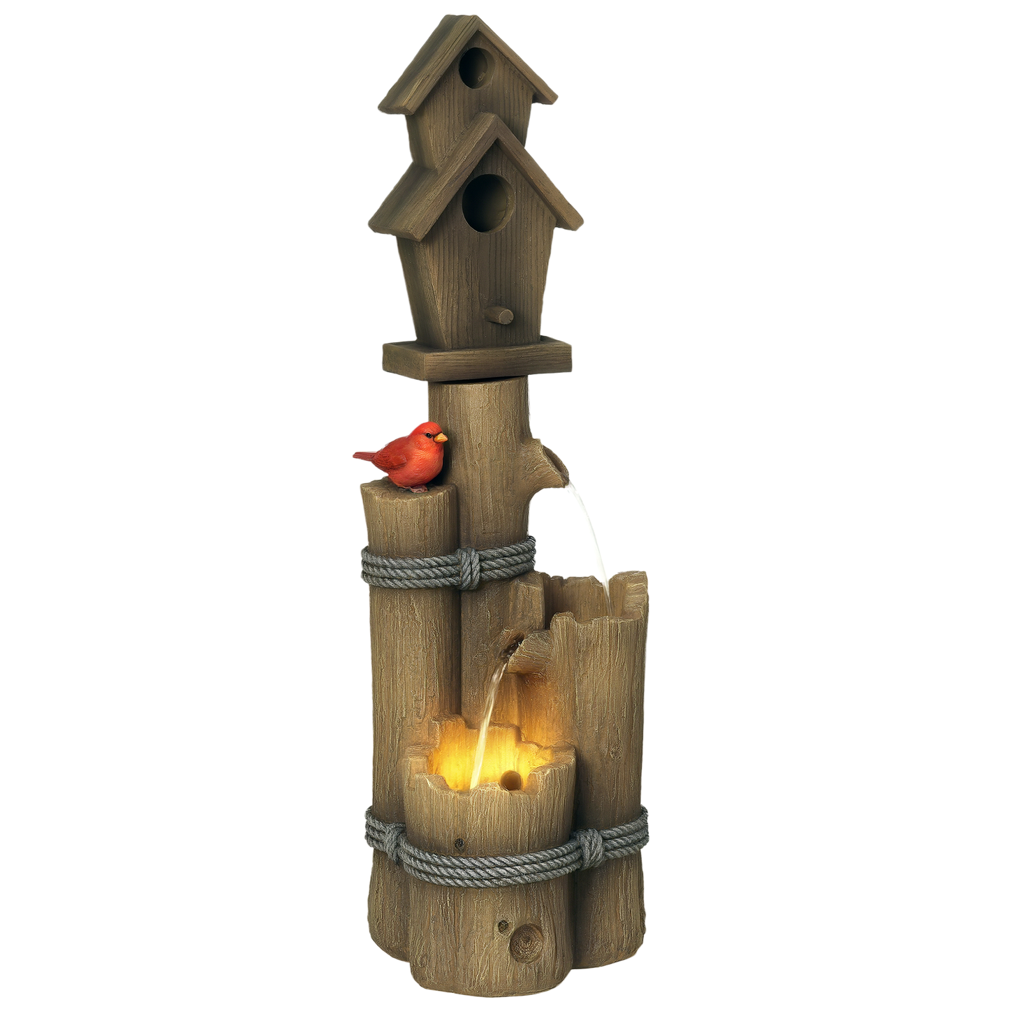 Birdhouse 3-Tier Lighted Log Garden Fountain