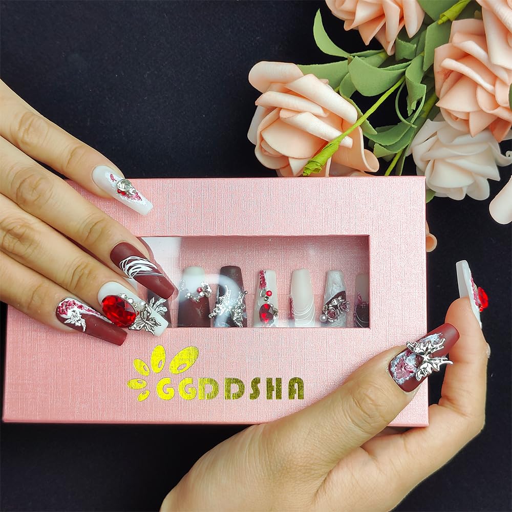 GGddsha Shiny Red Suede - 3D Crystal Faux Nails w/Box Gift Set