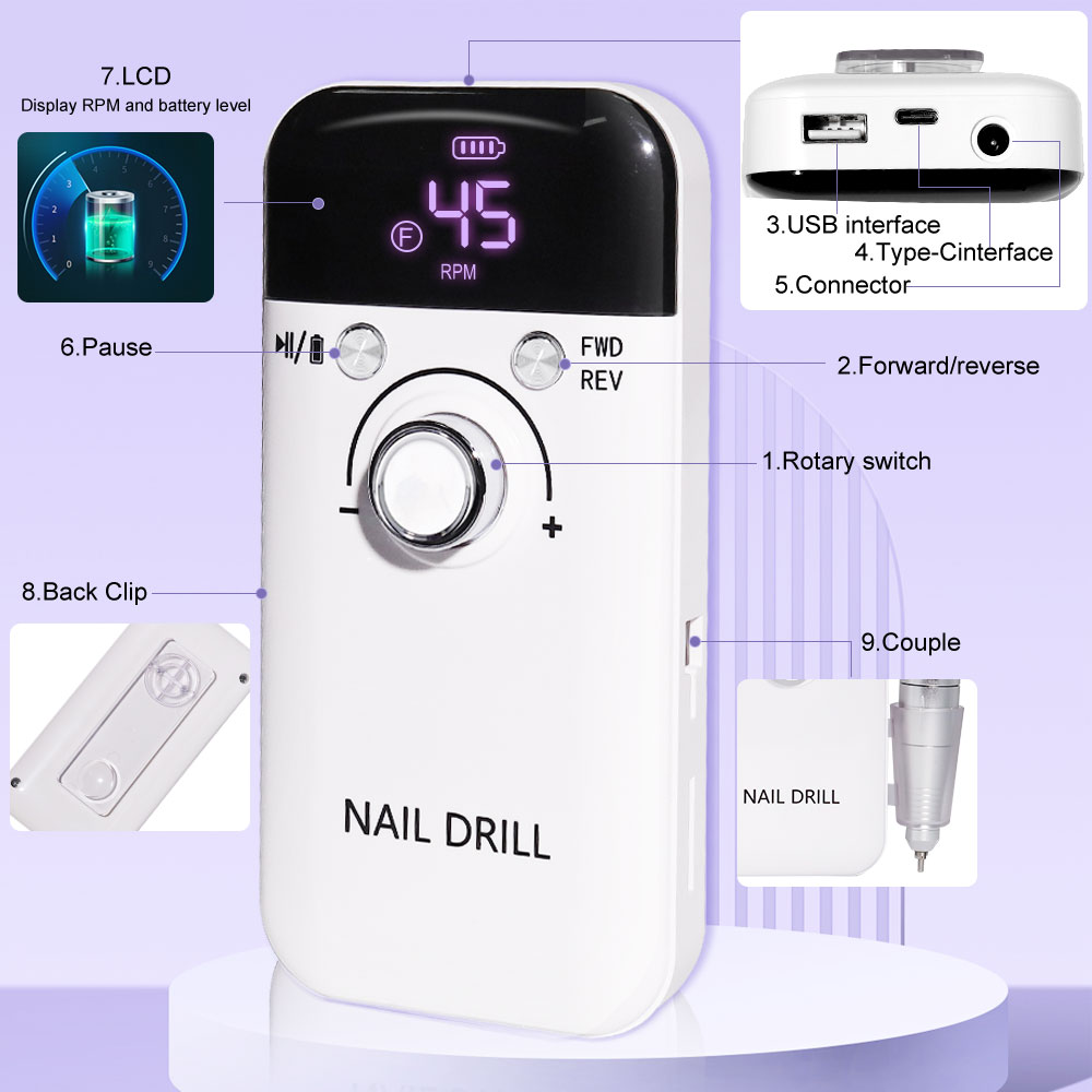 45,000 RPM Portable Nail Drill w/LED Screen Display