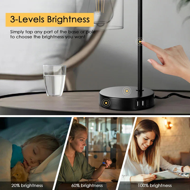 3-Way Dimmable Black Table Lamp with 2 Usb Charging Ports