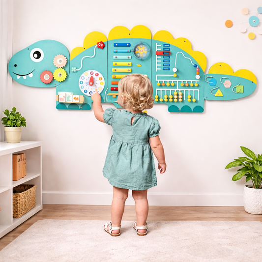 11-in-1 Wooden Dinosaur Activity Sensory Panel - Green