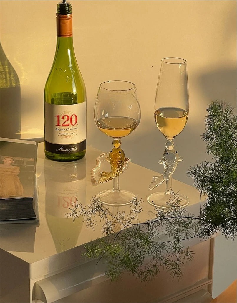 New Year Toast! Goldfish Champagne & White Wine Glasses