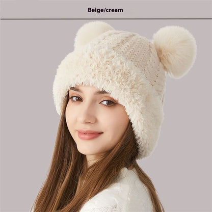 Teddy Bear Ears Fur-Ball Knitted Hat