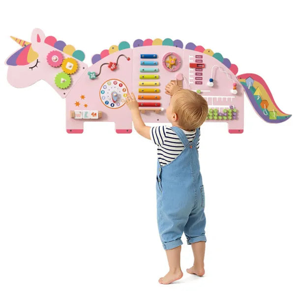 Montessori Activity Wall Busy Board Panel  -  11-in-1 Pink Rainbow Unicorn