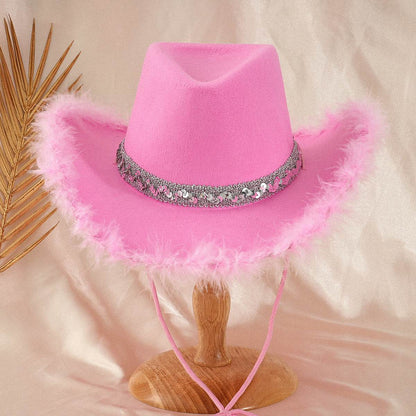 Sequined Ribbon & Upturned Eaves Raw Edge CowGirl Hat! - Shop Jobie
