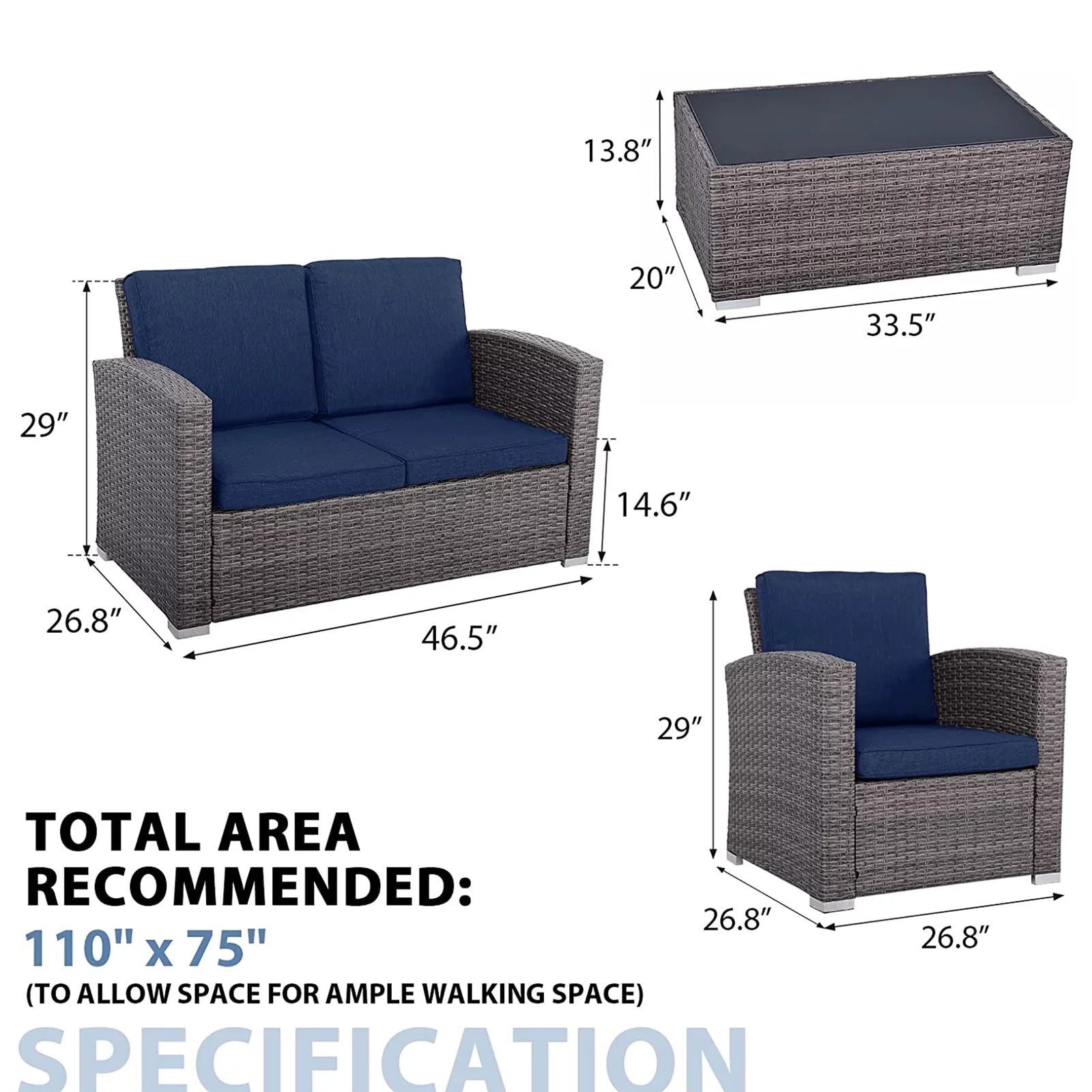 4 Pieces PE Rattan Sectional Outdoor Conversation Sofa Set with Gray Wicker, Navy Blue Cushion