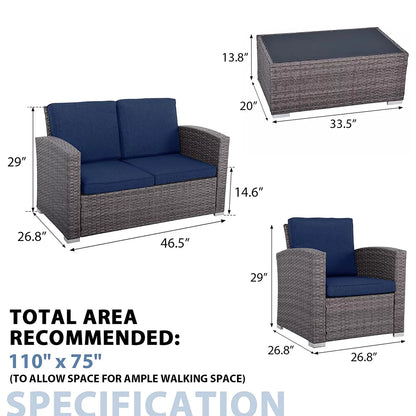 4 Pieces PE Rattan Sectional Outdoor Conversation Sofa Set with Gray Wicker, Navy Blue Cushion