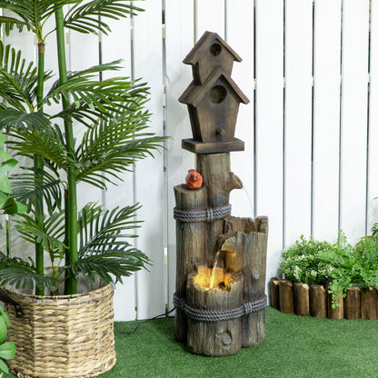 Birdhouse 3-Tier Lighted Log Garden Fountain