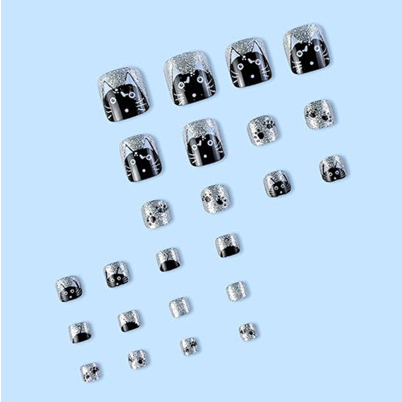 24pc Press On Toe Nails - Glitter Cats & Paws