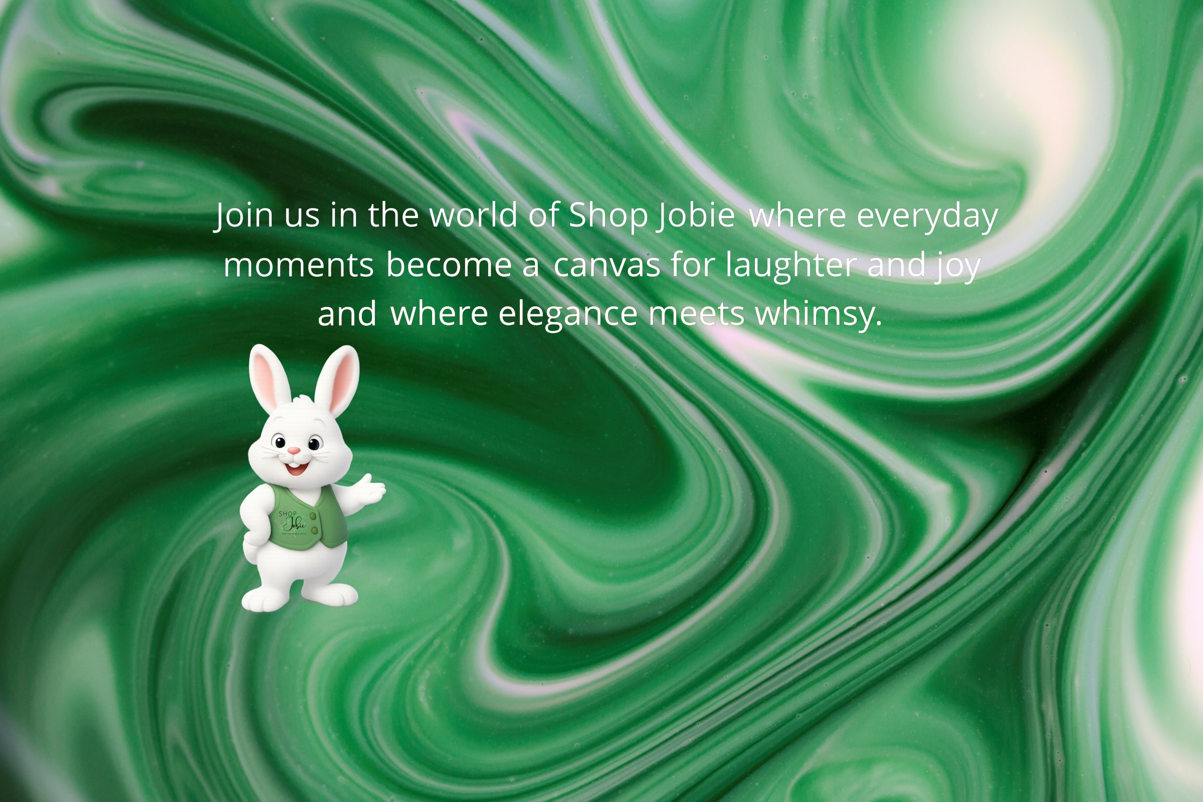 Toy rabbit on a green and white swirl background with Shop Jobie text
