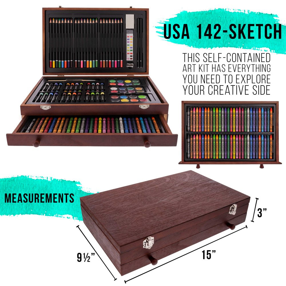 162-Piece Deluxe Mega Wood Box Art Painting and Drawing Set - Artist Painting Pad, 2 Sketch Pads, 24 Watercolor Paint Colors, 24 Oil Pastels, 24 Colored Pencils, 60 Crayons, 2 Brushes