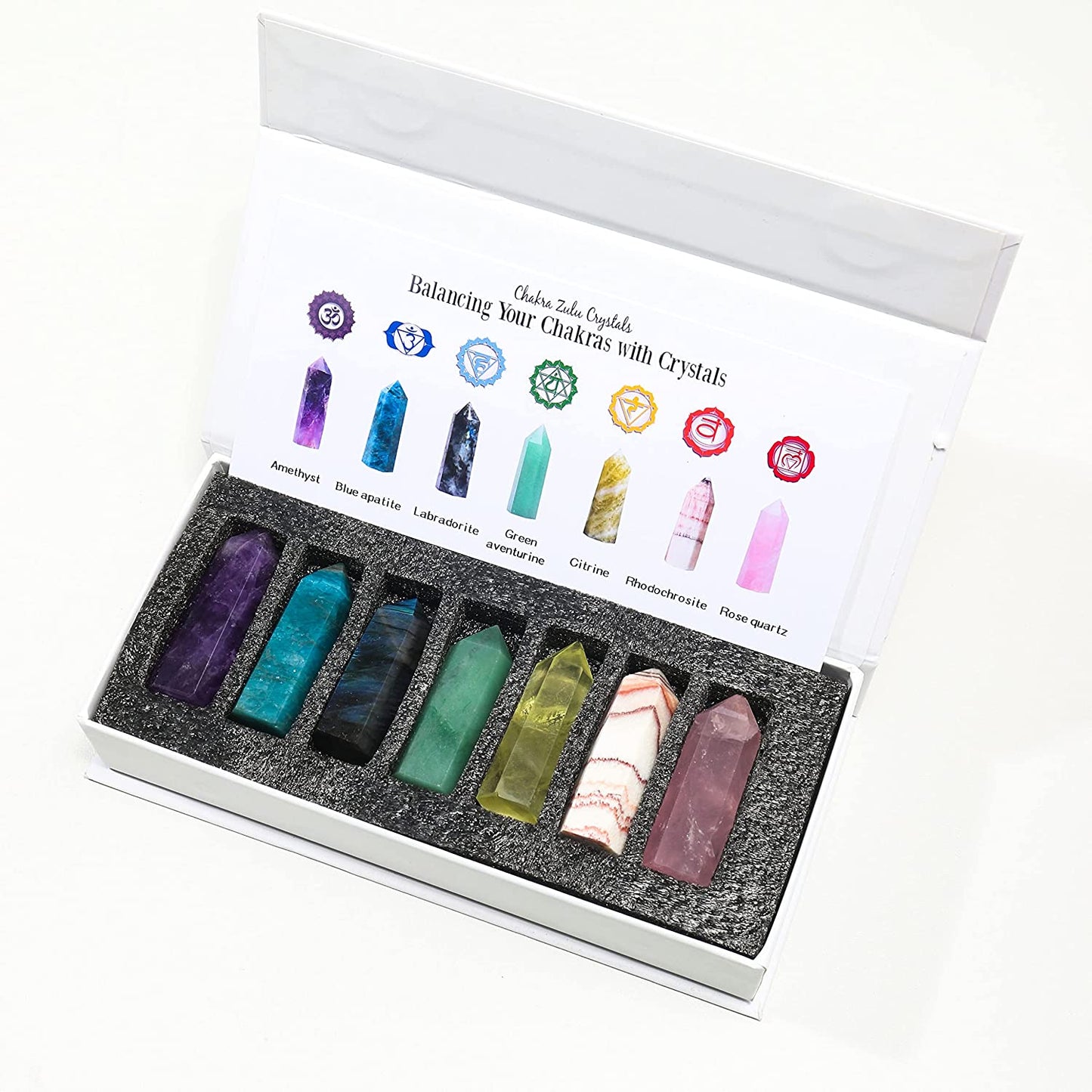 Healing Crystal Tower Set 1.57"-1.96" 7 Chakra Natural Crystal Wand Gift Box Rose Quartz Labradorite Amethyst Apatite 6 Faceted Crystals Point Chakra Stone Kit Home Decor for Desk Office