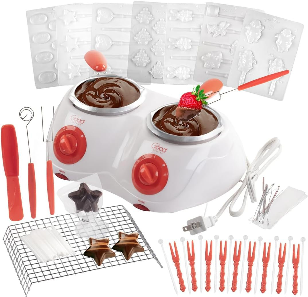 Dual Electric Chocolate Melting Pot Gift Set- Candy Making or Cheese Fondue Fountain Kit W/ 30 Free Accessories - 7 Fun Mold Trays & Dipping Forks - Appetizers & Desserts - Valentine'S Day for Her Him