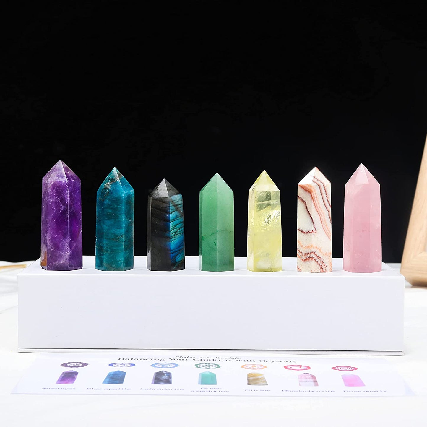 Healing Crystal Tower Set 1.57"-1.96" 7 Chakra Natural Crystal Wand Gift Box Rose Quartz Labradorite Amethyst Apatite 6 Faceted Crystals Point Chakra Stone Kit Home Decor for Desk Office