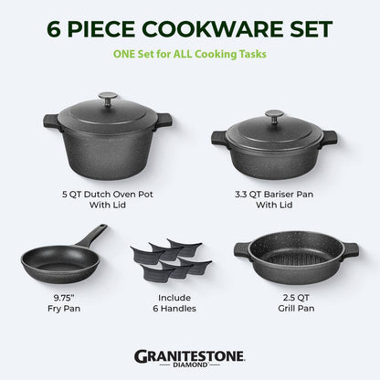 6-Piece Cast Aluminum Heavy Duty Nesting Nonstick Cookware Set with Silicone Handle Covers