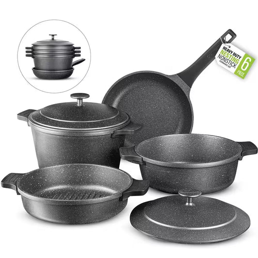 6-Piece Cast Aluminum Heavy Duty Nesting Nonstick Cookware Set with Silicone Handle Covers