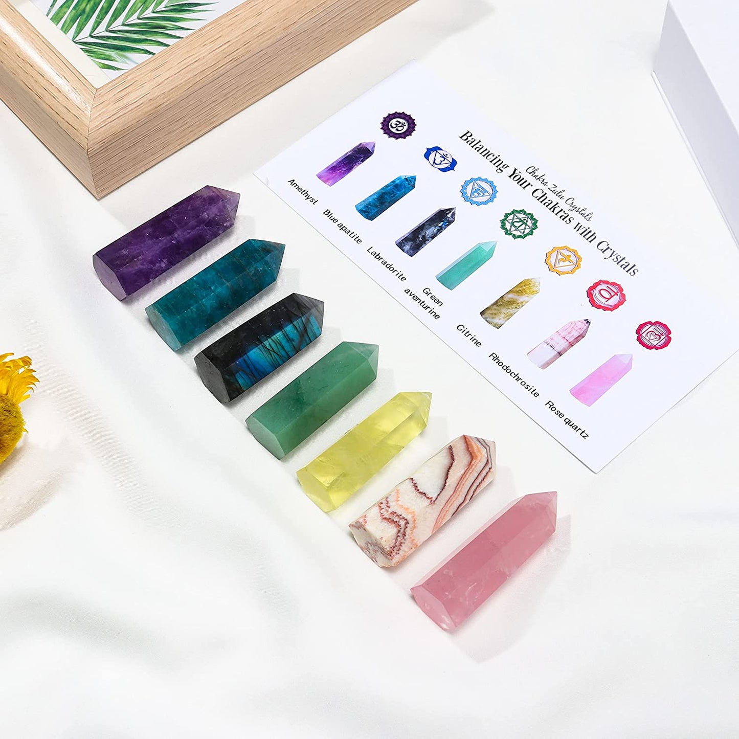 Healing Crystal Tower Set 1.57"-1.96" 7 Chakra Natural Crystal Wand Gift Box Rose Quartz Labradorite Amethyst Apatite 6 Faceted Crystals Point Chakra Stone Kit Home Decor for Desk Office