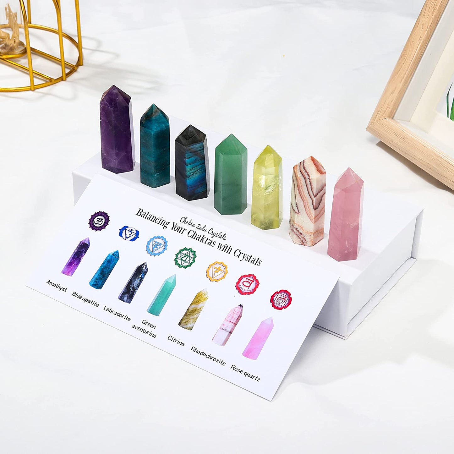 Healing Crystal Tower Set 1.57"-1.96" 7 Chakra Natural Crystal Wand Gift Box Rose Quartz Labradorite Amethyst Apatite 6 Faceted Crystals Point Chakra Stone Kit Home Decor for Desk Office