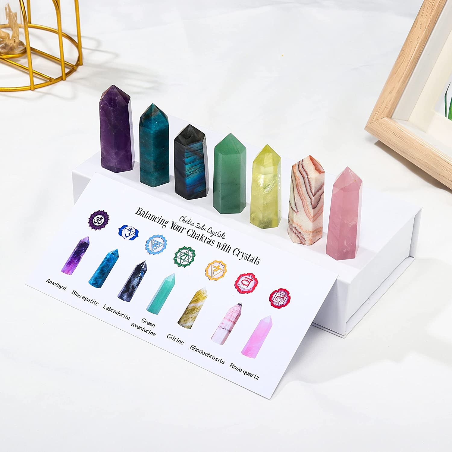 Healing Crystal Tower Set 1.57"-1.96" 7 Chakra Natural Crystal Wand Gift Box Rose Quartz Labradorite Amethyst Apatite 6 Faceted Crystals Point Chakra Stone Kit Home Decor for Desk Office