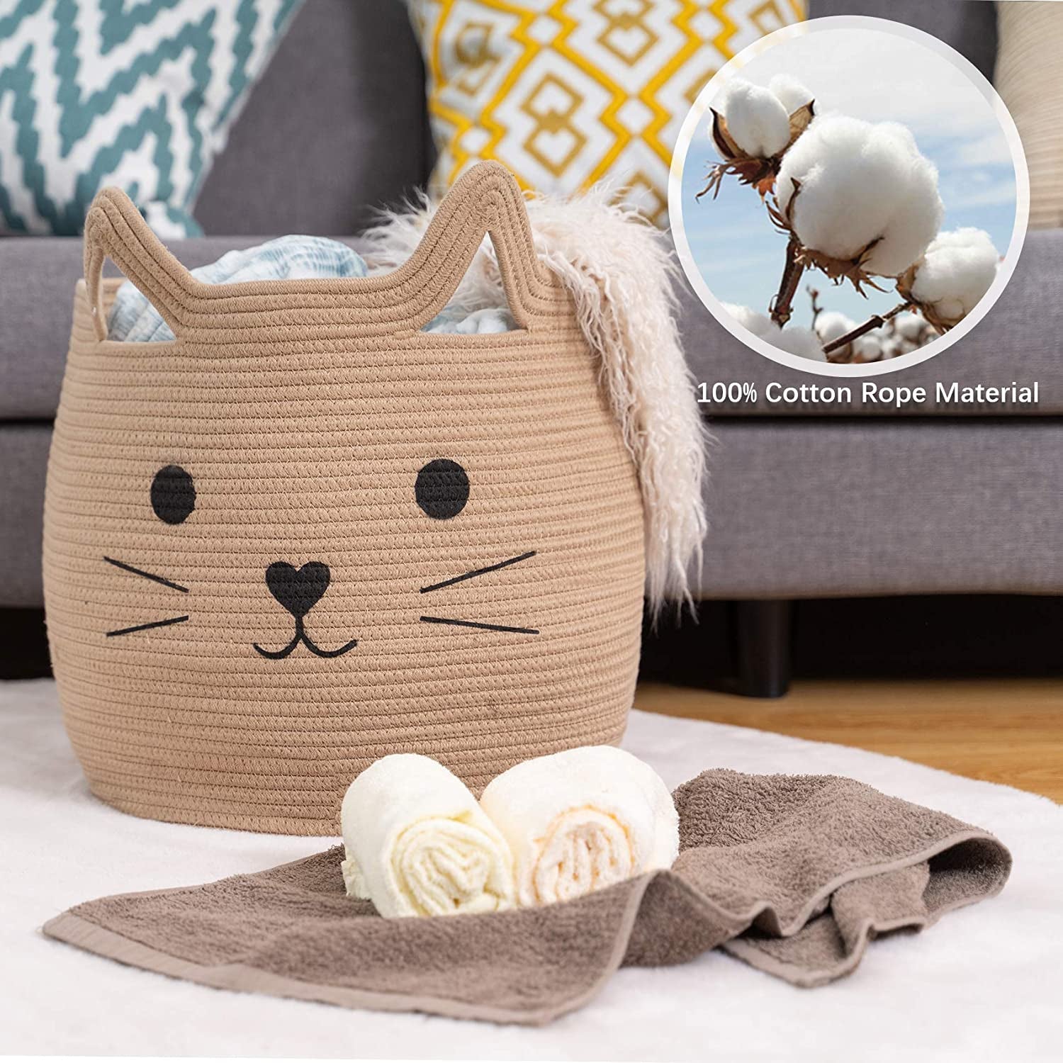 Animal Baskets Large Woven Cotton Rope Storage Basket with Cute Cat Design Animal Laundry Basket Organizer for Towels, Blanket, Toys, Clothes, Gifts – Pet or Baby Gift Baskets 15"Lx14H"