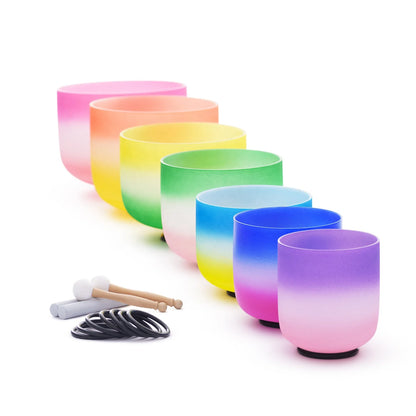 Chakra Note Set of 7Pcs CDEFGAB Rainbow Frosted Quartz Crystal Singing Bowl with 2PCS Free Case